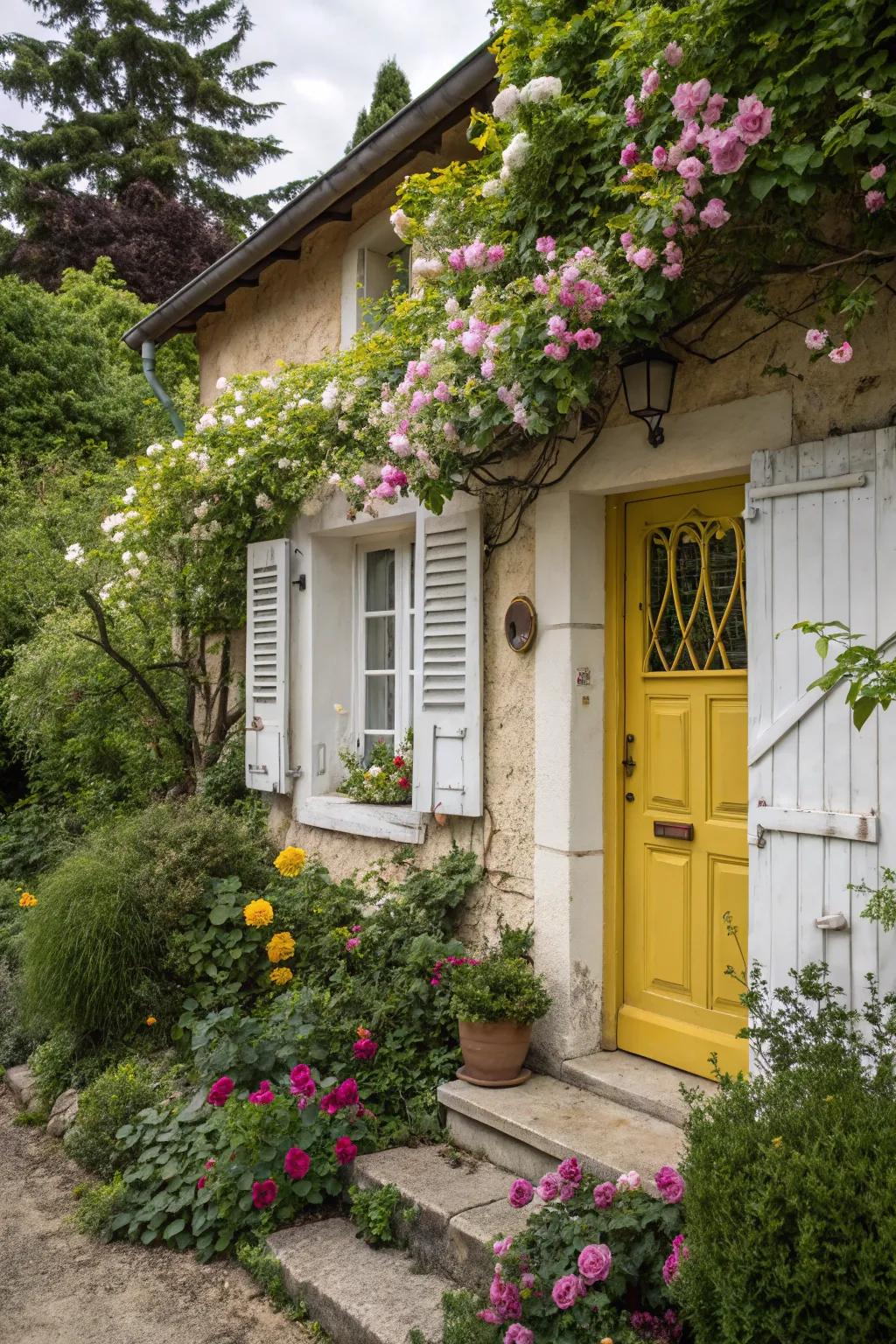 An upbeat gold door adds a vibrant splash to this comfortable cottage.