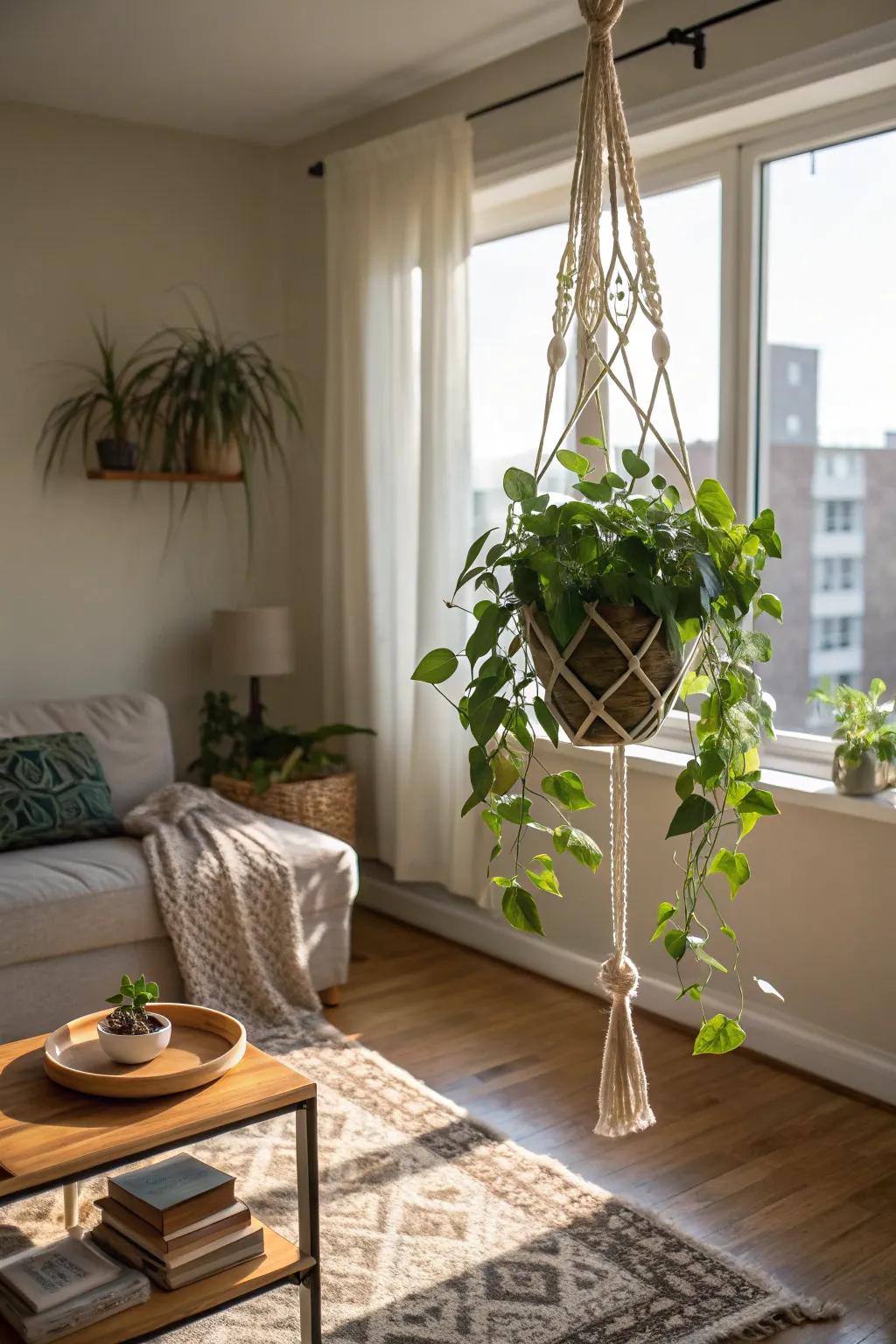 Stylish plant cradles offer an excellent way to introduce greenery without occupying valuable floor space.