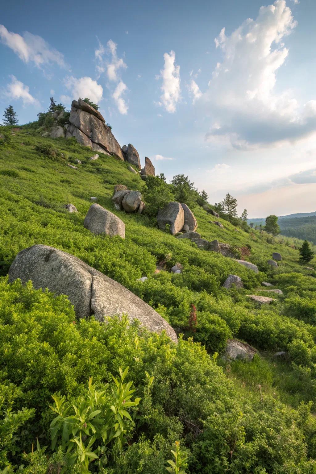 Rocks and boulders add stability and beauty to slopes.