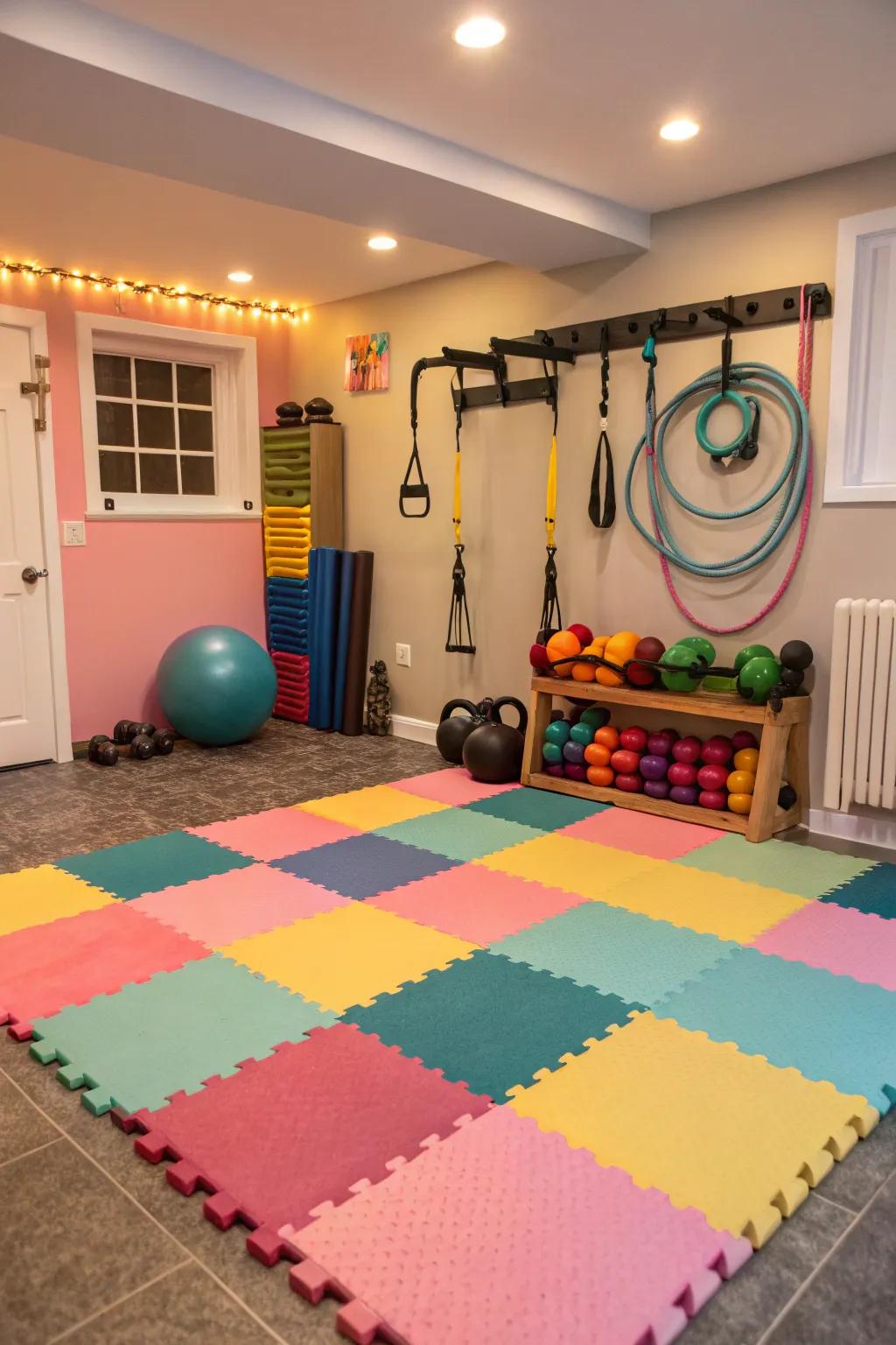 Foam tiles create a comfortable and welcoming gym setting.