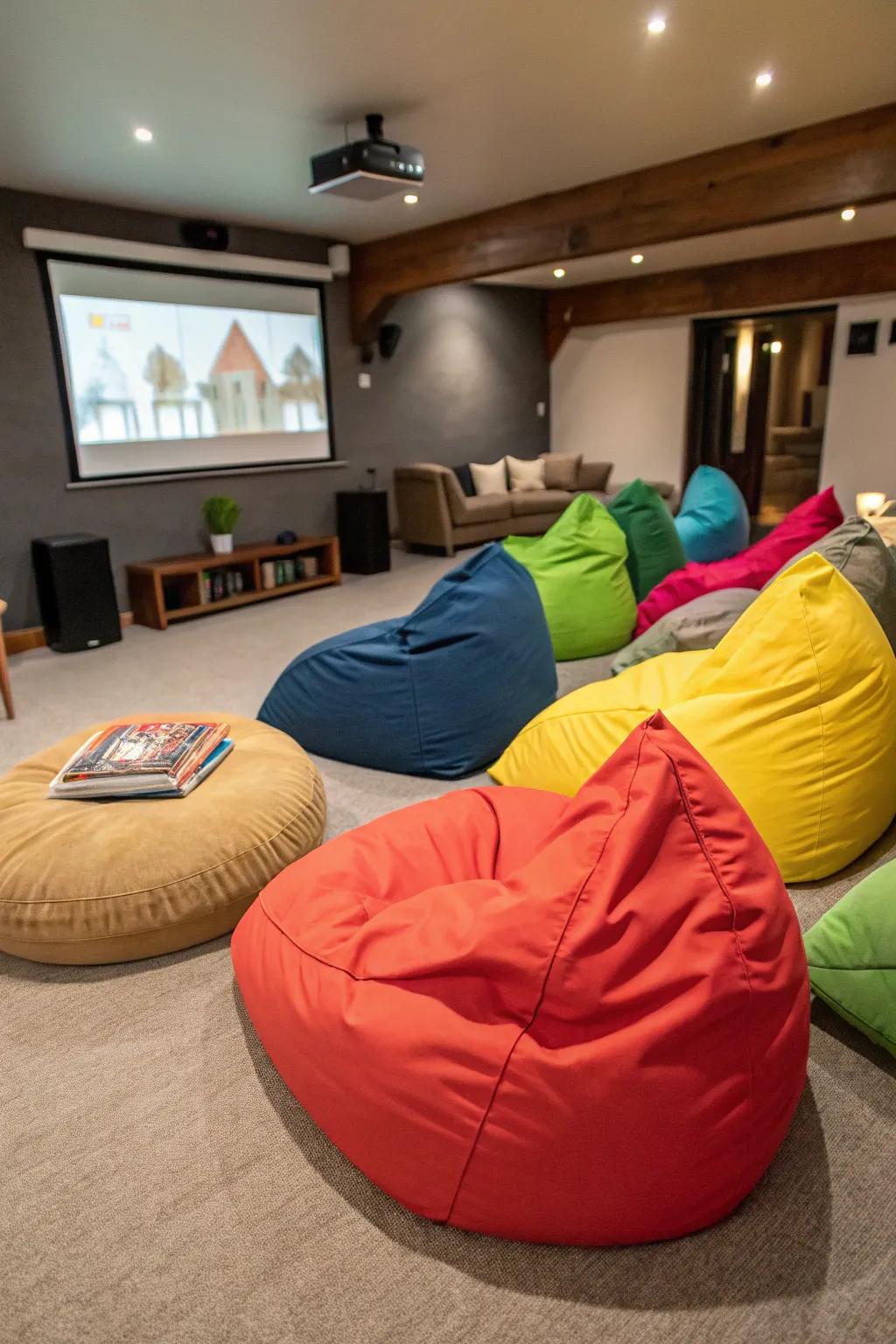 A relaxed home theater space featuring vibrant bean bags for versatile seating.