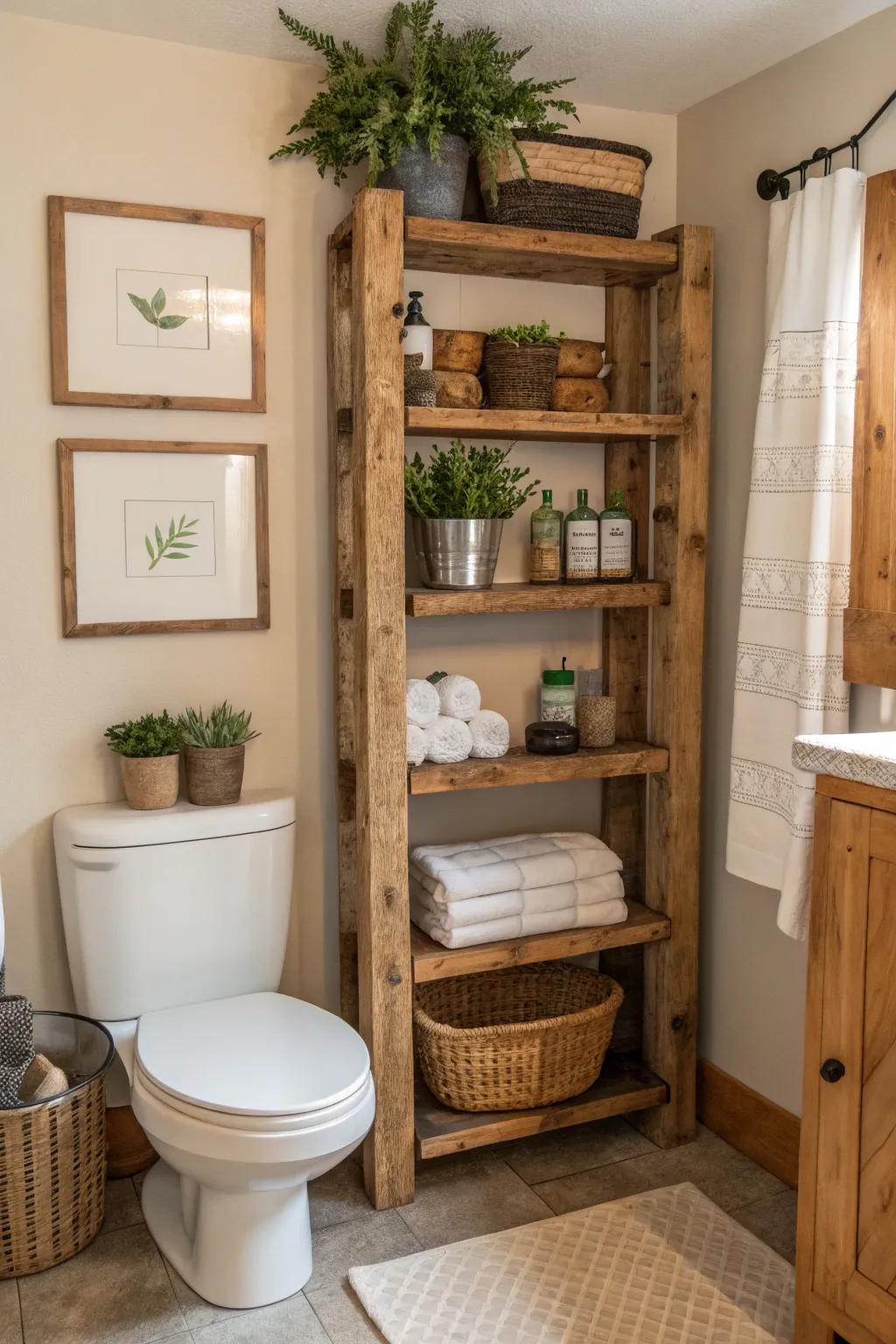 Wood fixtures give the bathroom a natural, cozy appeal.