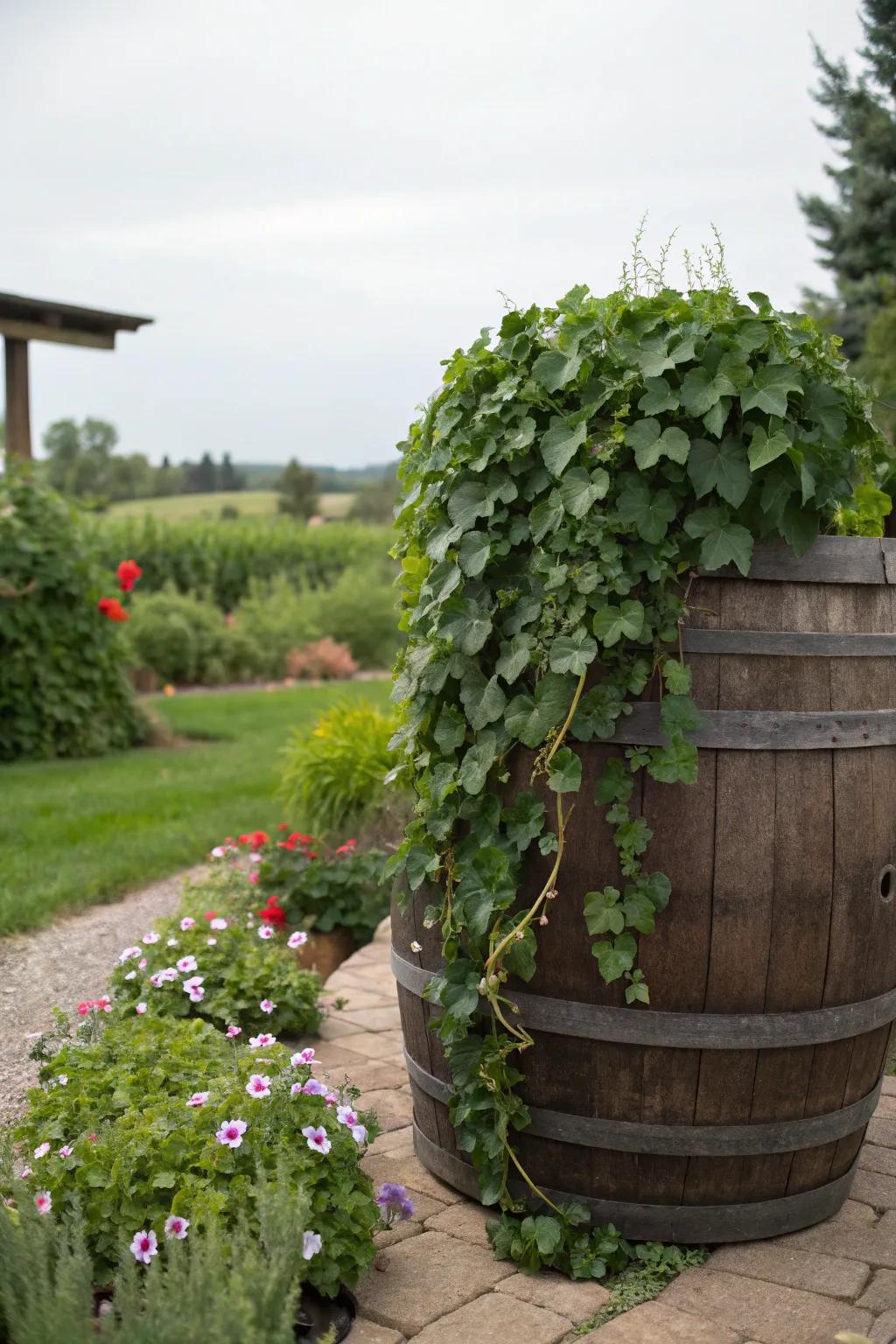Elegant trailing greenery enhancing the rustic appeal of a whiskey barrel.