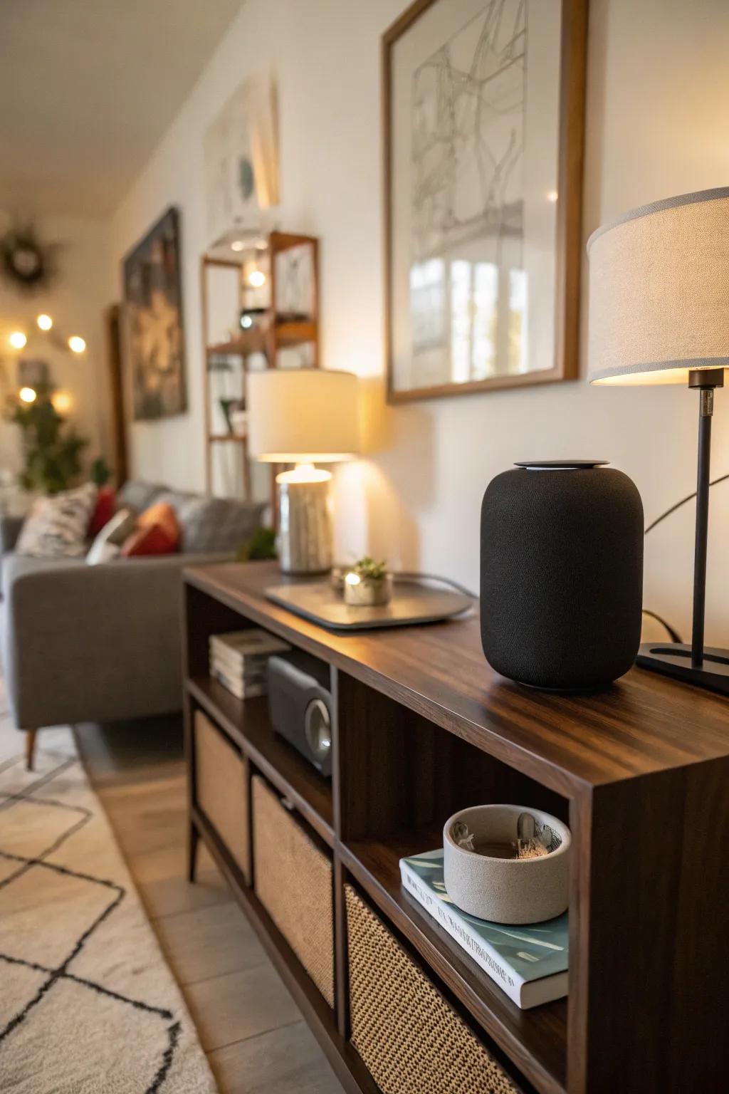 An intelligent speaker harmonizes with a mid-century modern living room, enhancing both style and functionality.