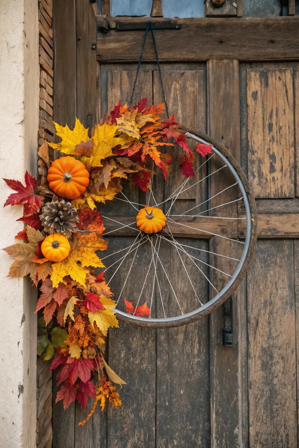 A seasonal bicycle wheel wreath featuring autumn leaves and pumpkins, ideal for the fall season.