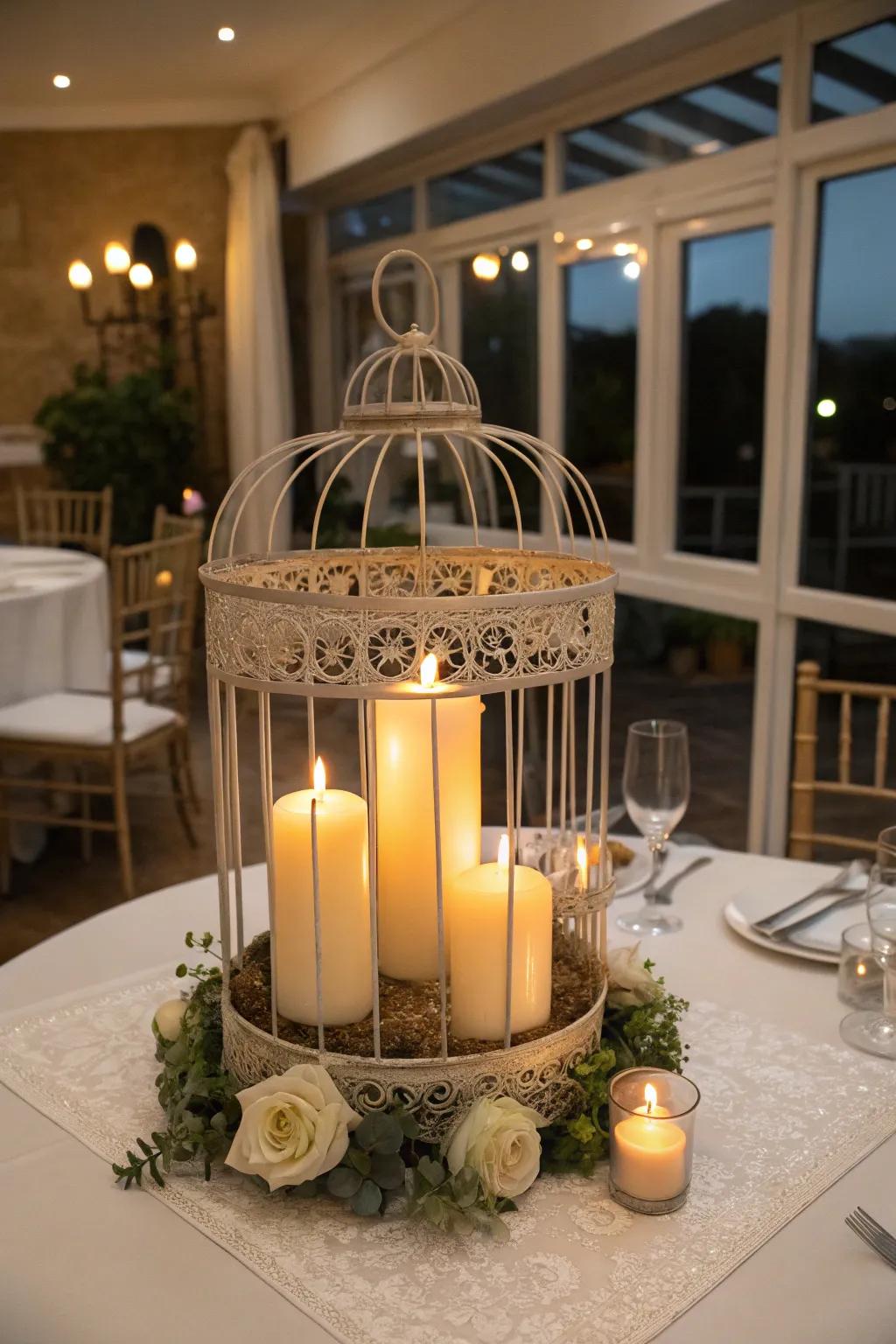 A bird cage centerpiece featuring candles, building a comfortable ambiance.