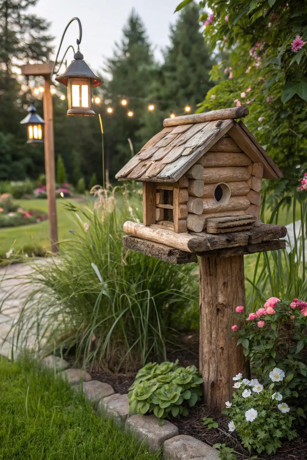 A woodland cabin-inspired feeder, introducing a hint of nature to any garden.
