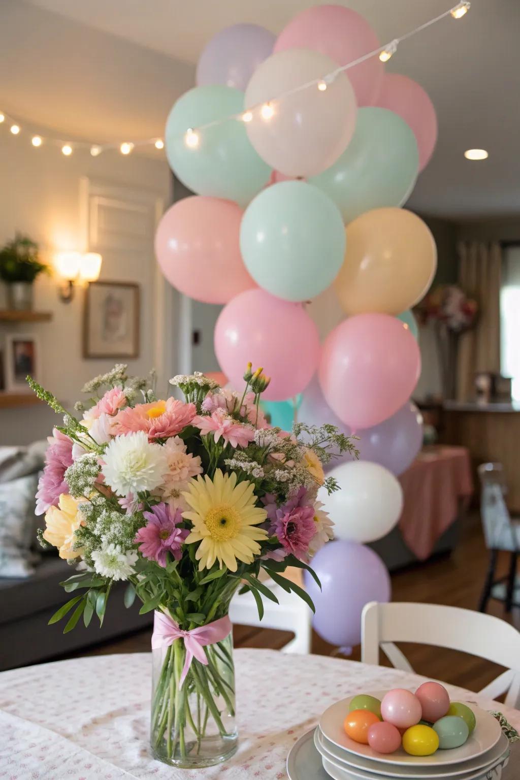 A playful mix of balloons and flowers creates a delightful birthday centerpiece.