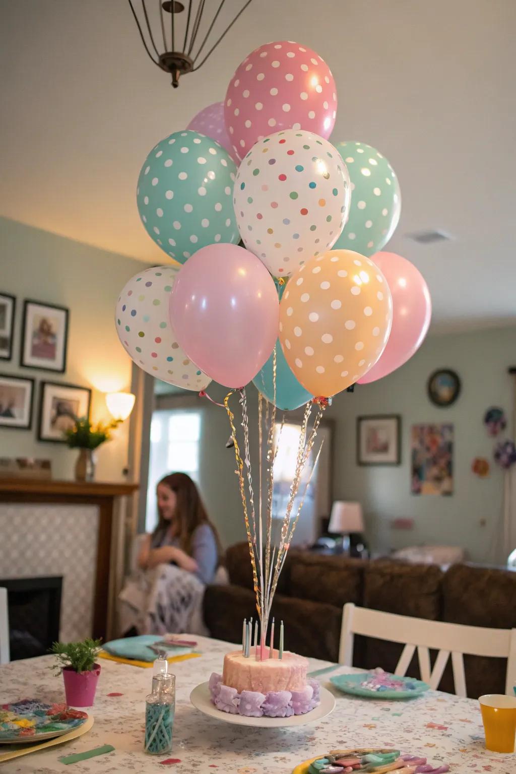 A balloon centerpiece elevates the table with height and a sense of playfulness.