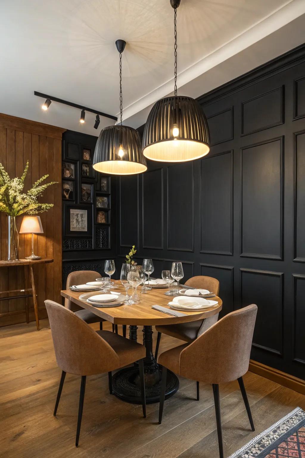 A sophisticated dining area presenting a black statement wall alongside an exquisite wooden dining arrangement.