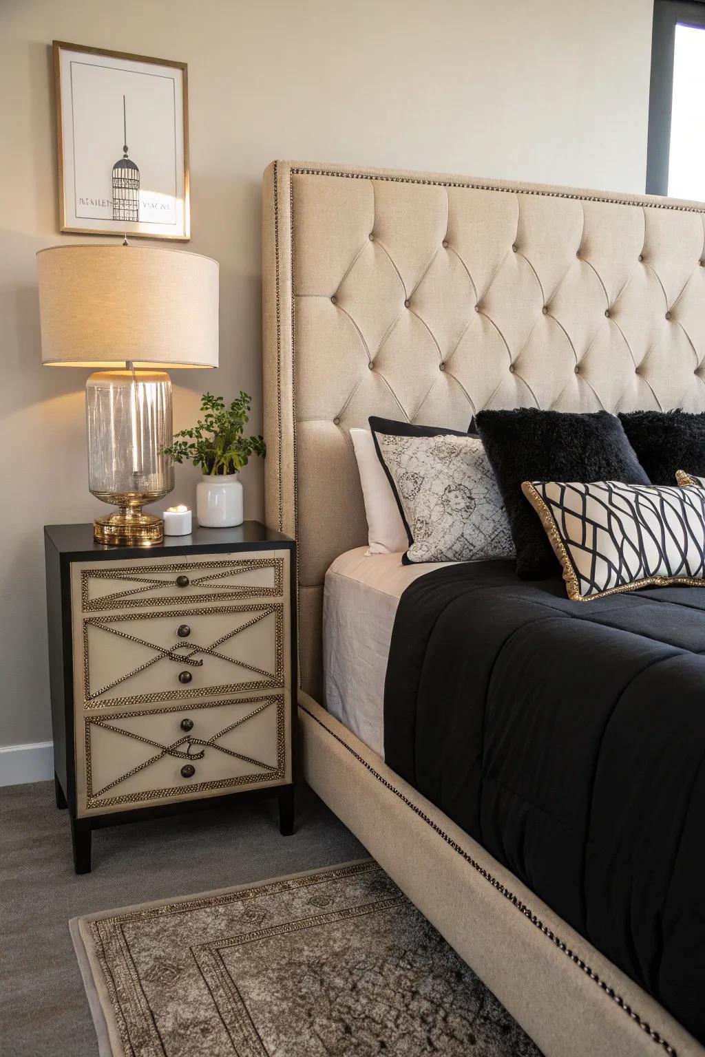 The beige upholstered headboard gives a touch of sophistication to the bedroom.