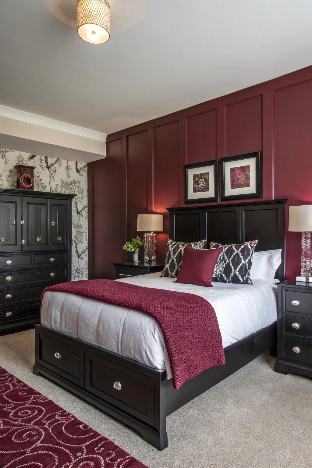 A burgundy emphasized wall deepens the room and crafts a striking focal point in your bedroom.