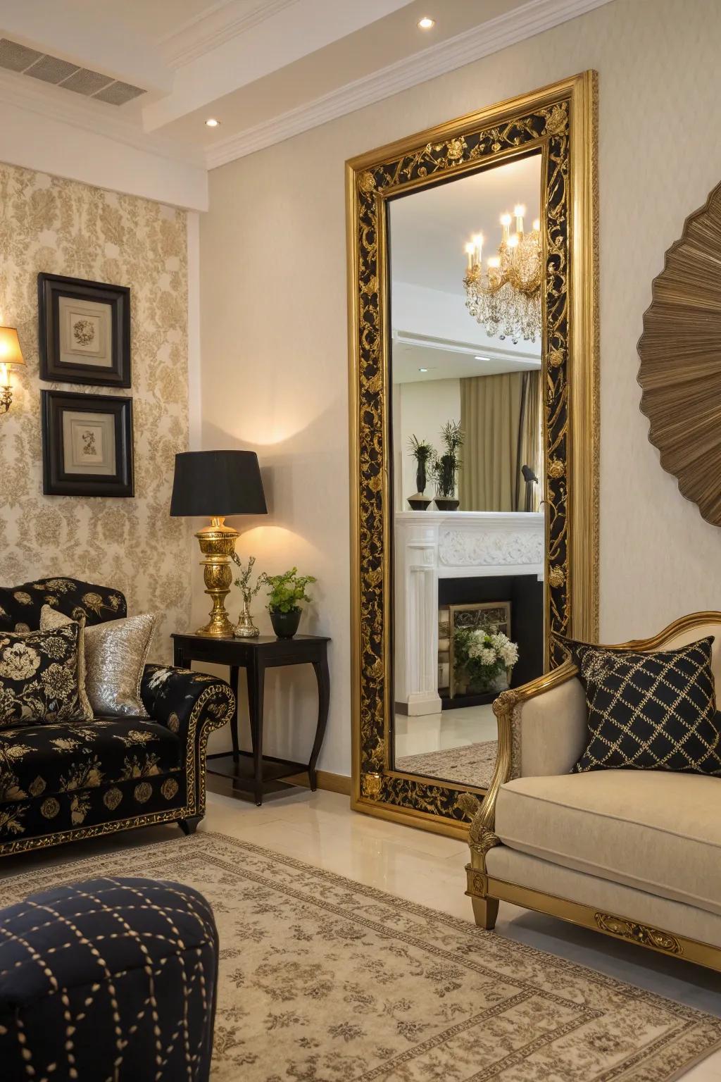 A gilded mirror contributes a glamorous element to a tasteful ebony and ivory arrangement.