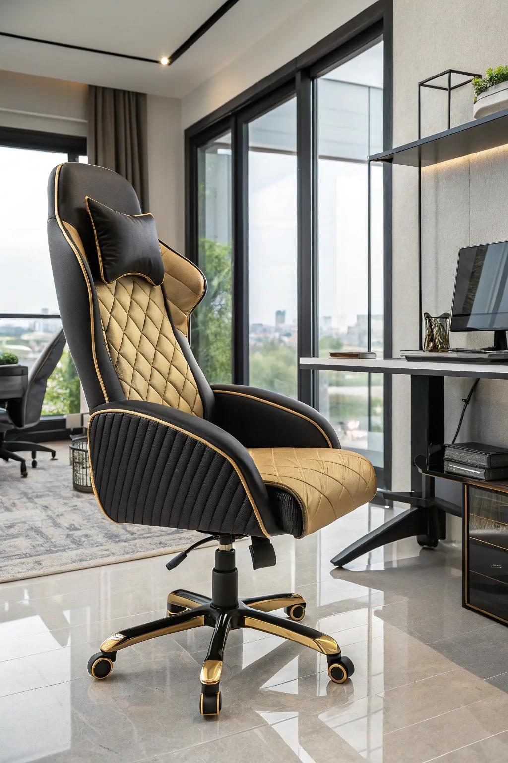 An ebony and gold chair combines elegance with ergonomic features.