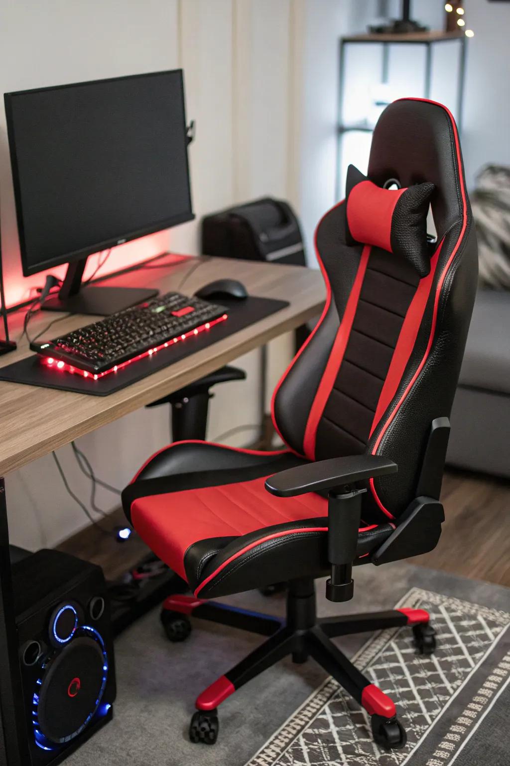 A stylish black and red ergonomic chair stands ready for gaming in a dynamic setup.