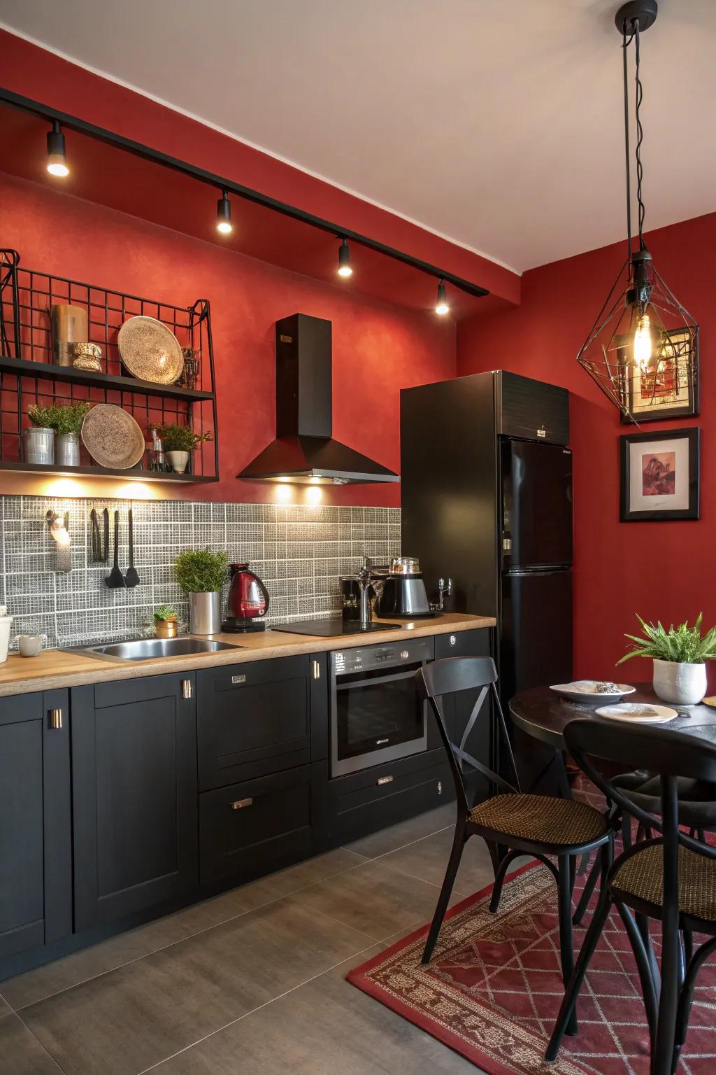 A scarlet feature wall introduces encapsulation and warmth to an ebony and scarlet culinary space.