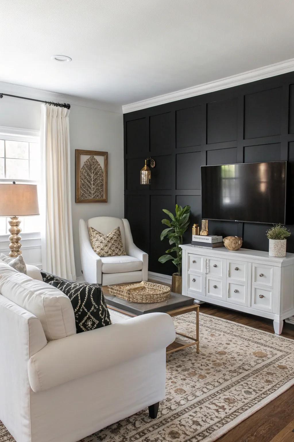 A living space showcasing a remarkable dark feature wall paired with pale furniture for contrast.