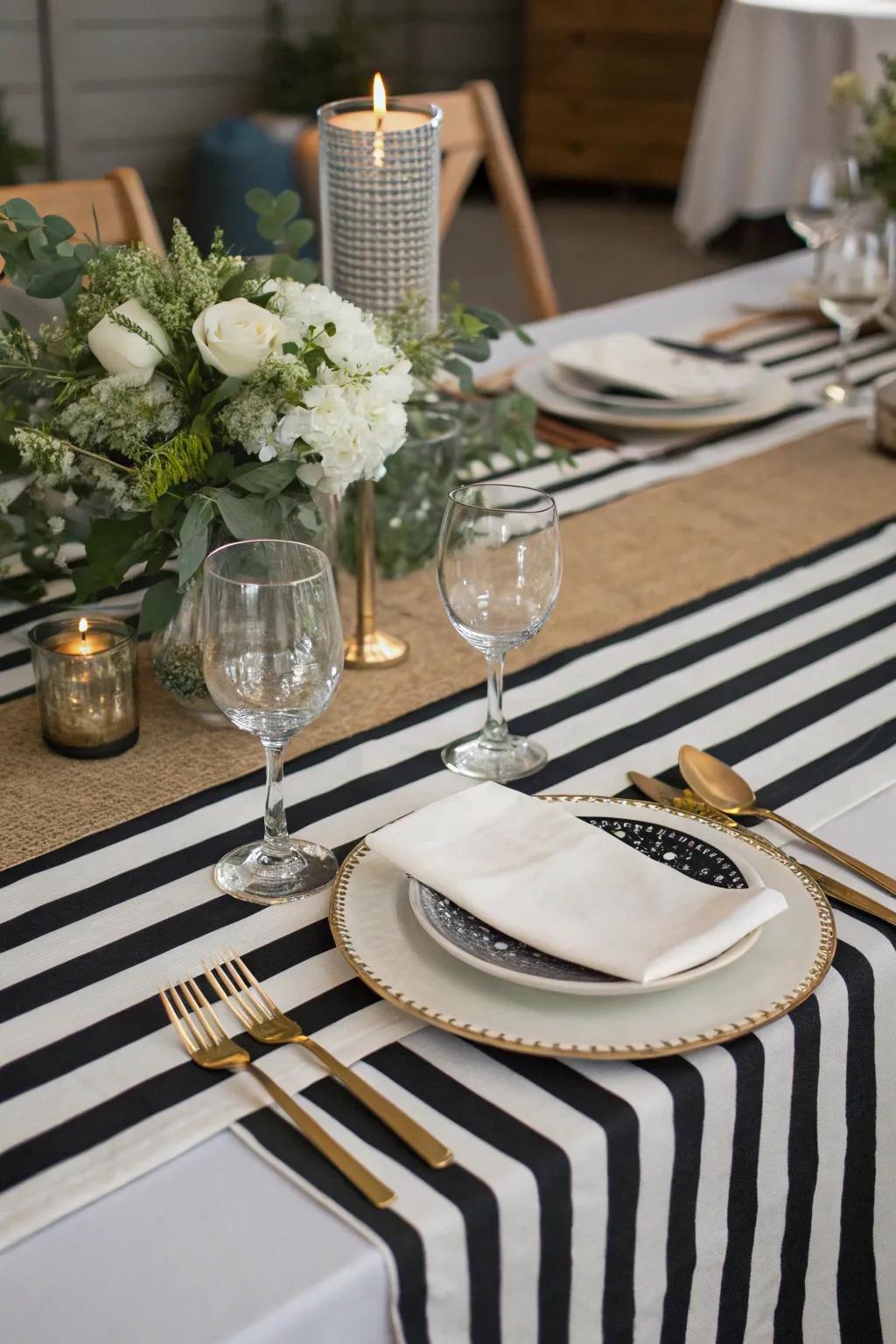A table enhanced with a black and white striped runner.