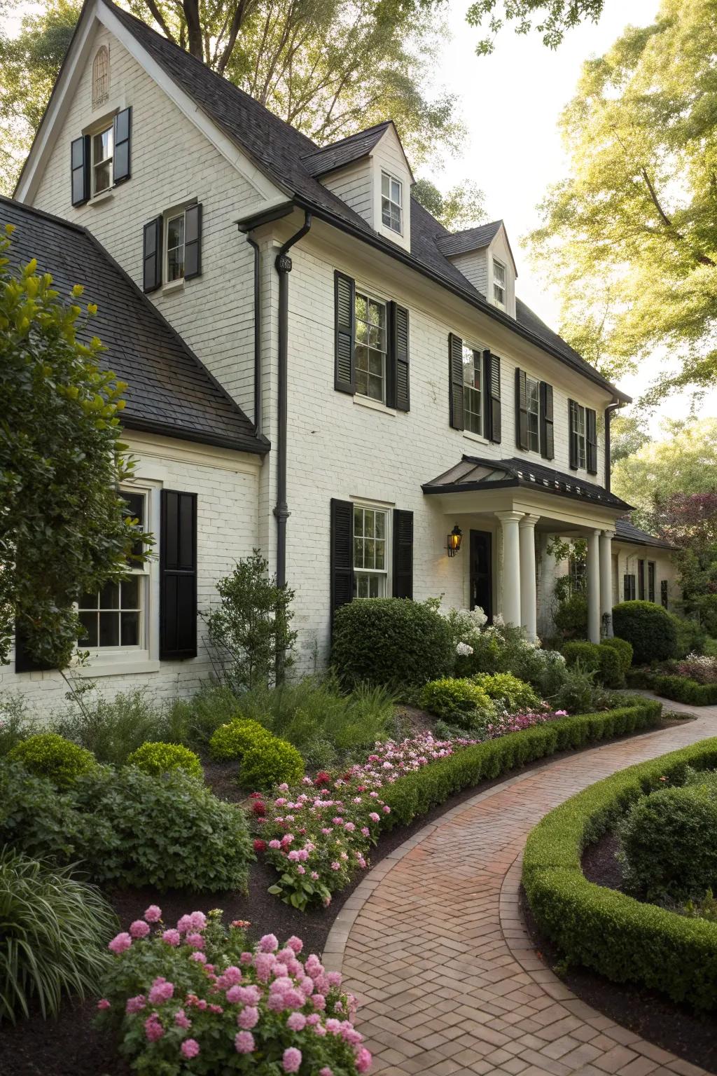 A classic residence exhibiting white brickwork and contrasting dark window coverings.
