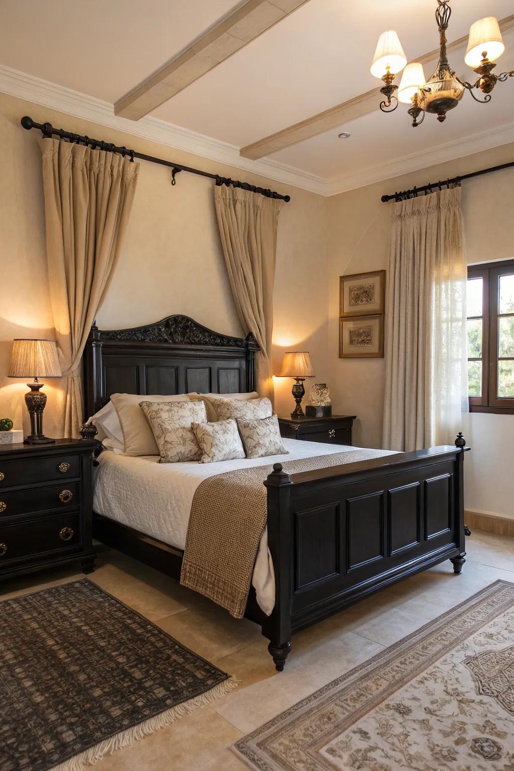 A cozy bedroom with dark furniture and inviting cream details.
