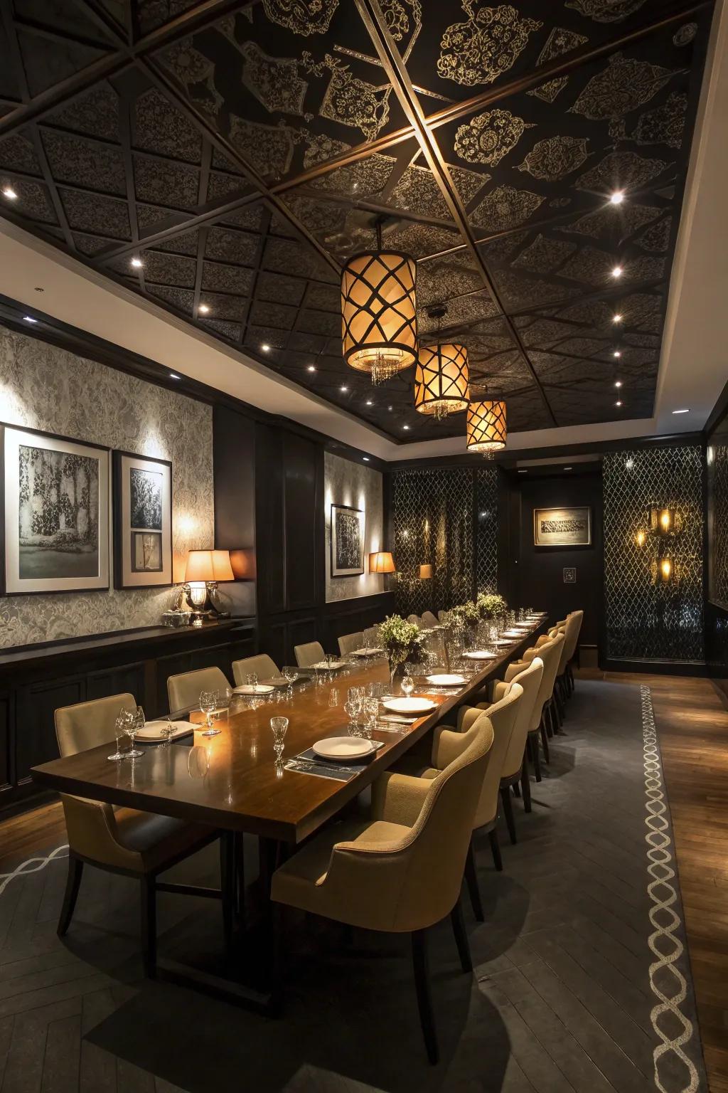 A refined dining room presents a black ceiling, setting the stage for memorable meals.