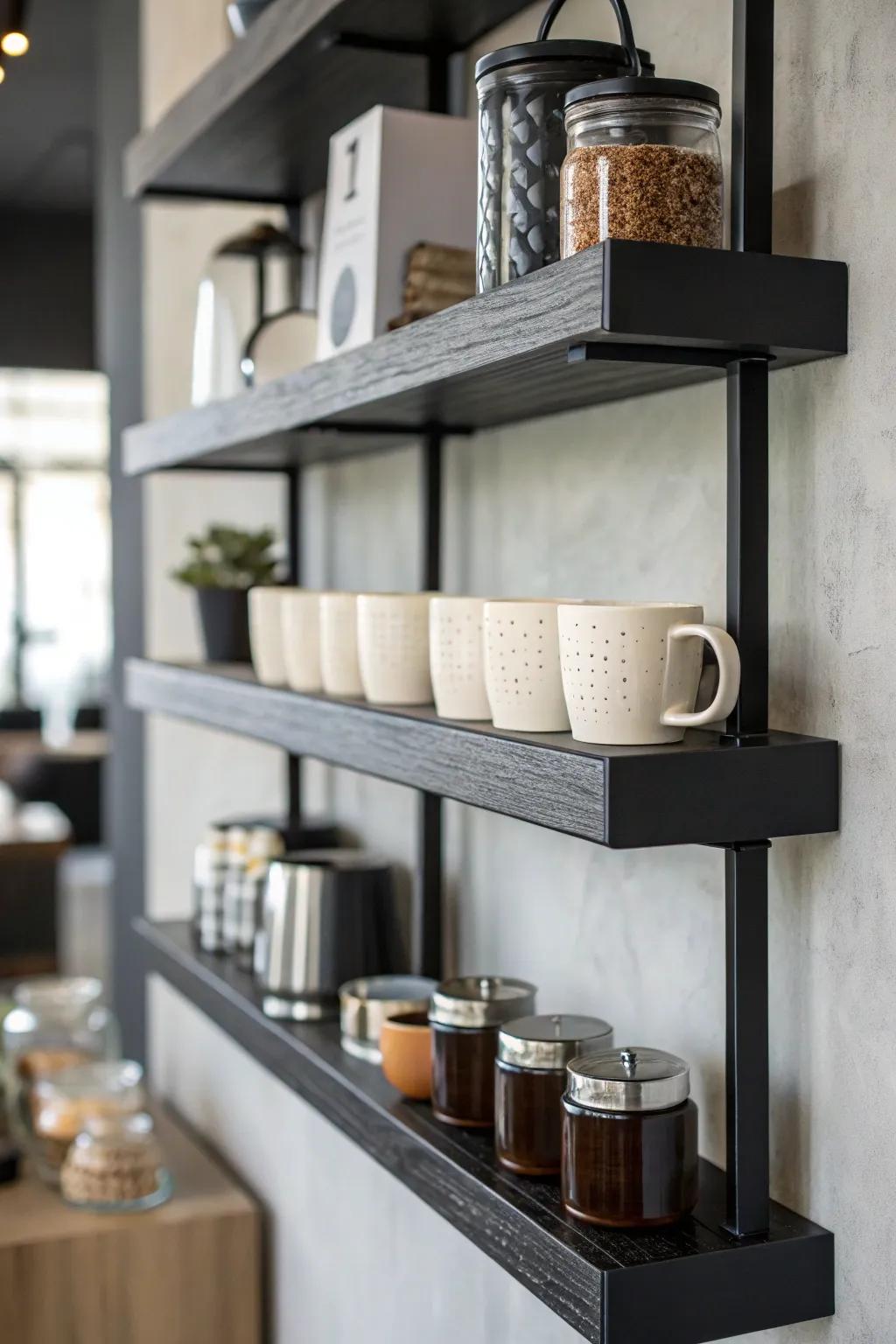 Minimalist onyx wall-mounted shelves showcasing coffee necessities