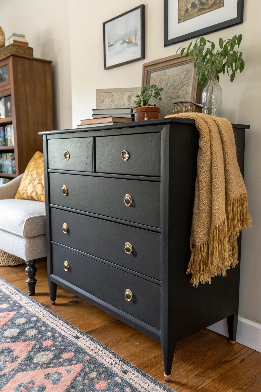 A vintage dresser rejuvenated with dark stain and modern hardware.