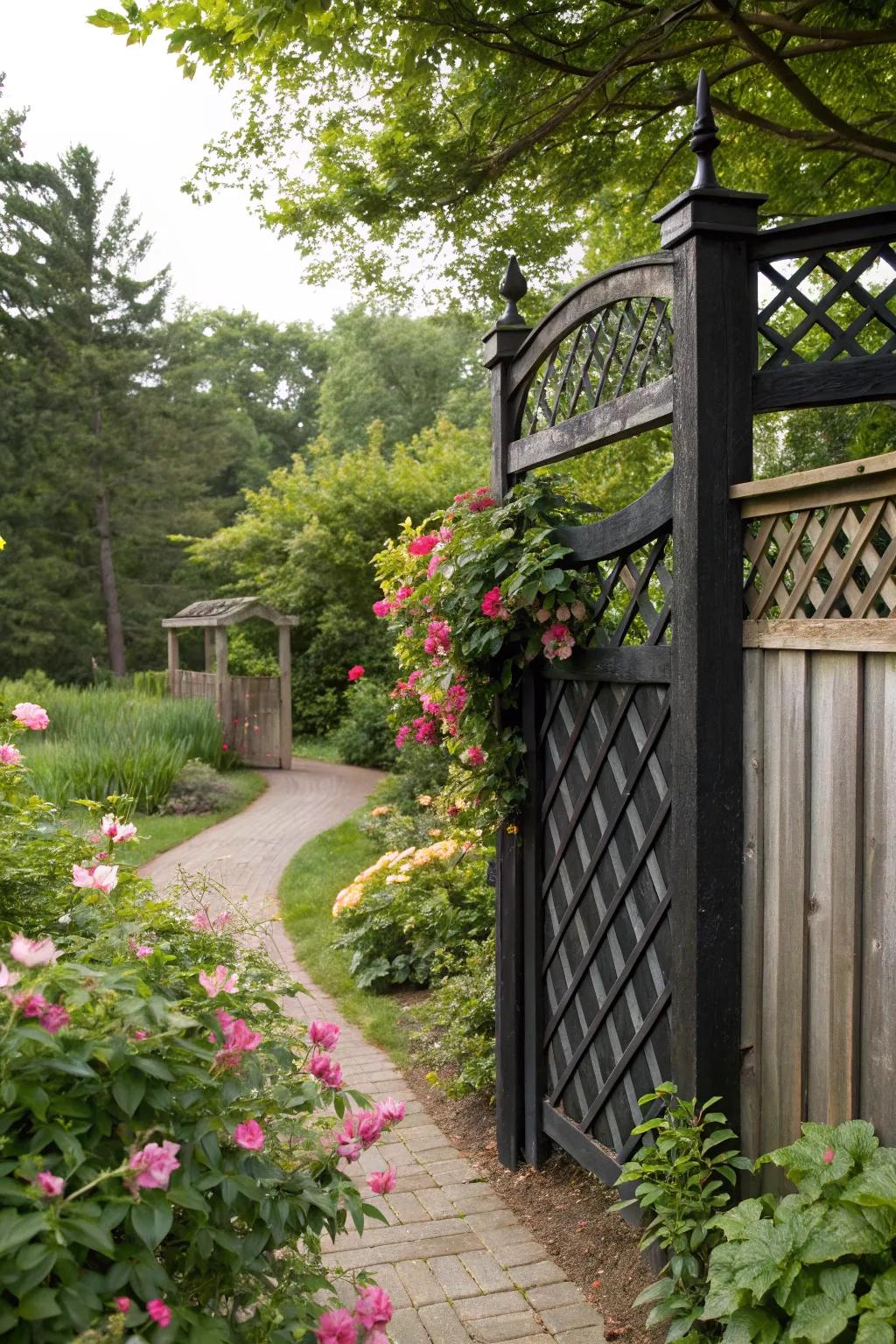 A black lattice top fence beautifully complemented by climbing vines.