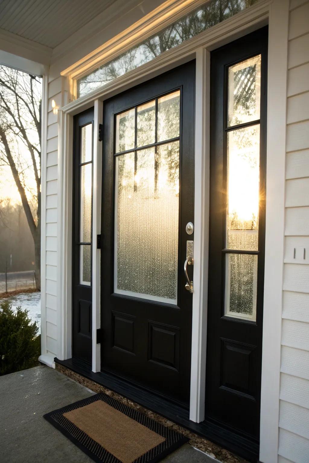Textured glass panels welcome light while upholding privacy in this refined black and white door.