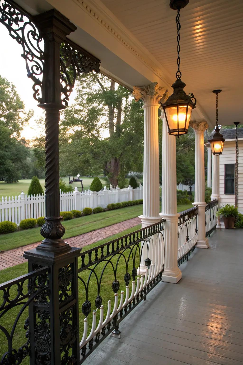 Detailed dark railings bring a sense of lasting elegance to traditional porches.