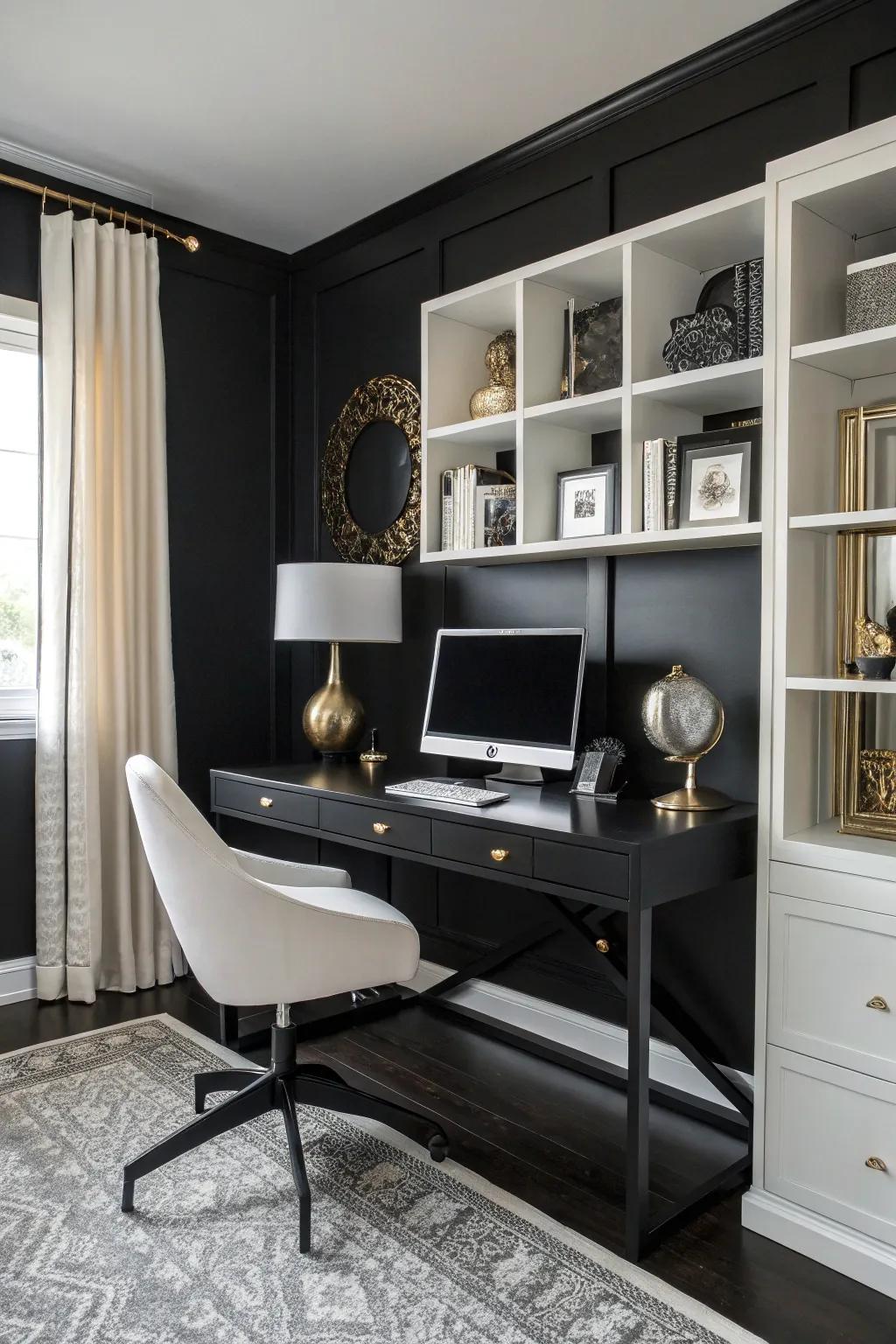 Metallic and white elements accent a dark office space.