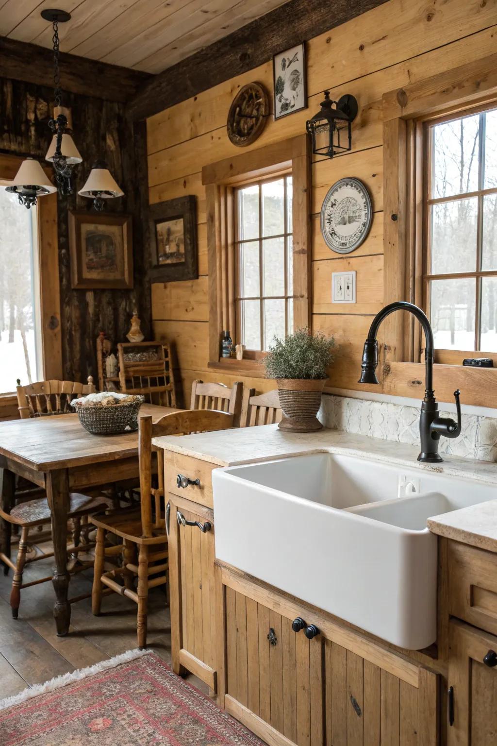 A dark toned faucet enhances the rustic charm of this farmhouse-inspired cooking area.