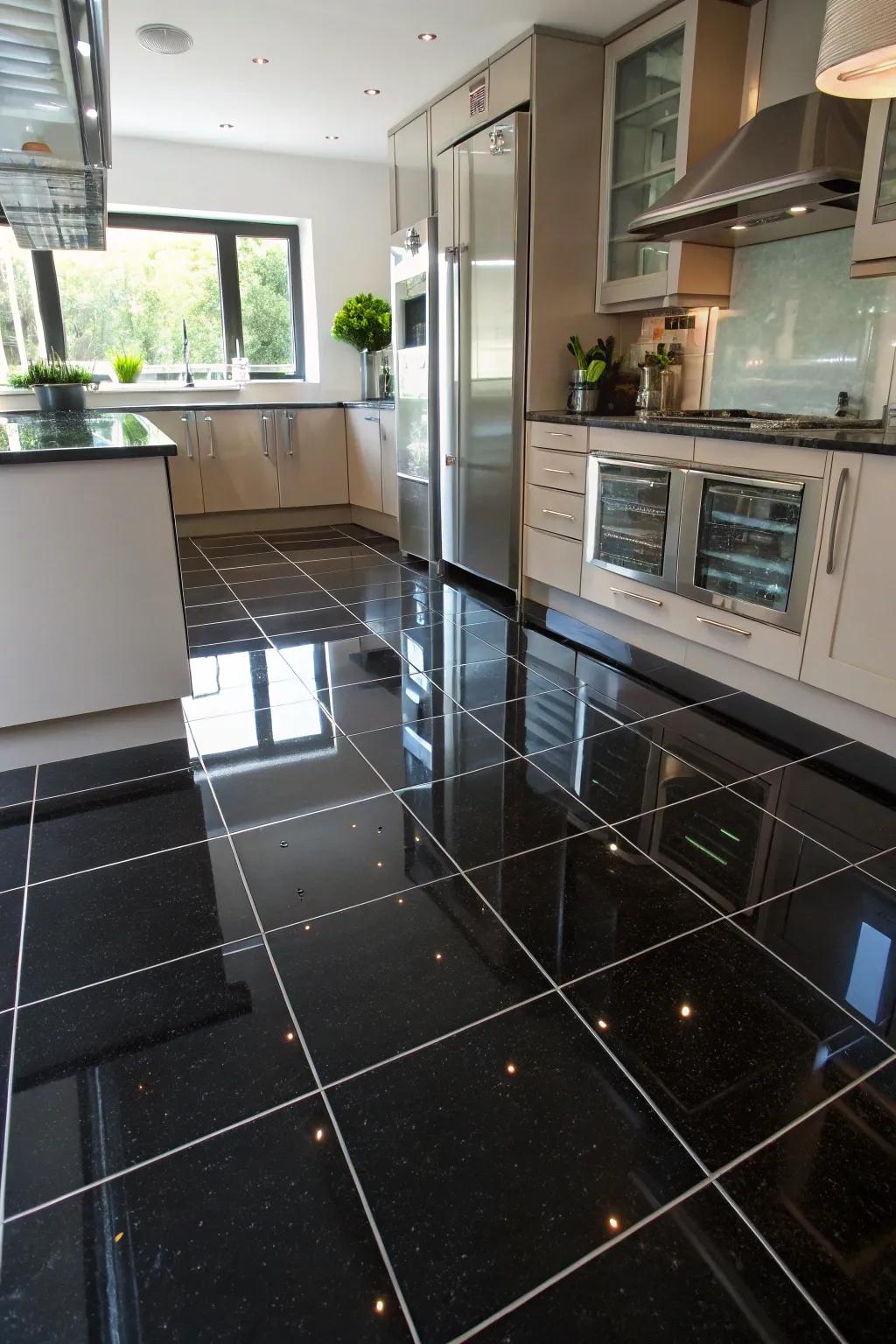 A gorgeous kitchen featuring sleek black floor tiles that exude sophistication.