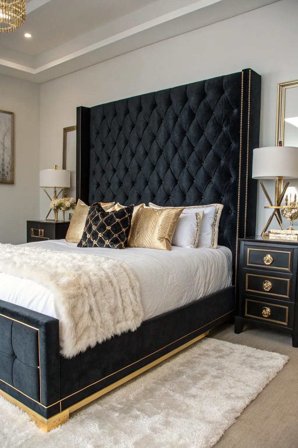 Velvet headboards bring an elegant touch to a black-themed bedroom.