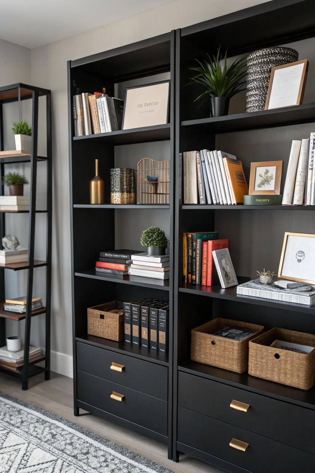 Open shelves introduce both style and utility to a black office environment.