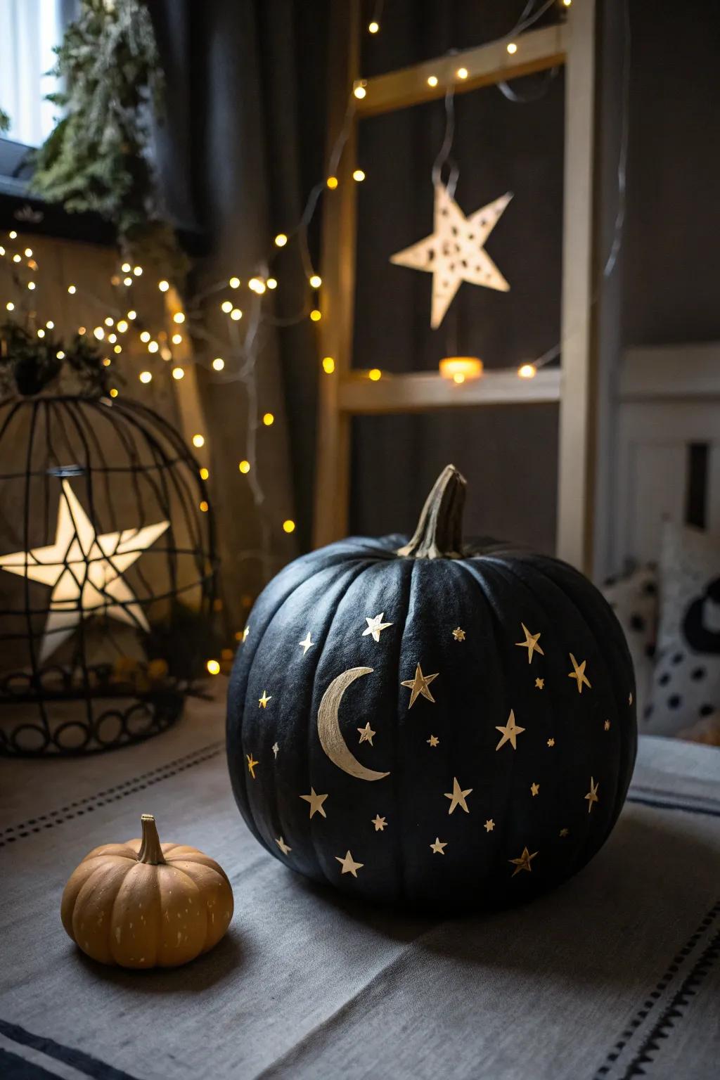 An enigmatic jet pumpkin embellished with satellite patterns, ideal for a cosmic-inspired aesthetic.