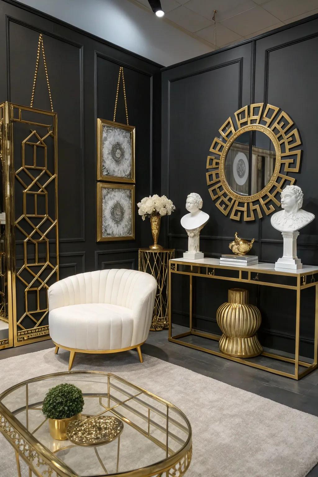 Dark room with gold and white features creating an impressive comparison.