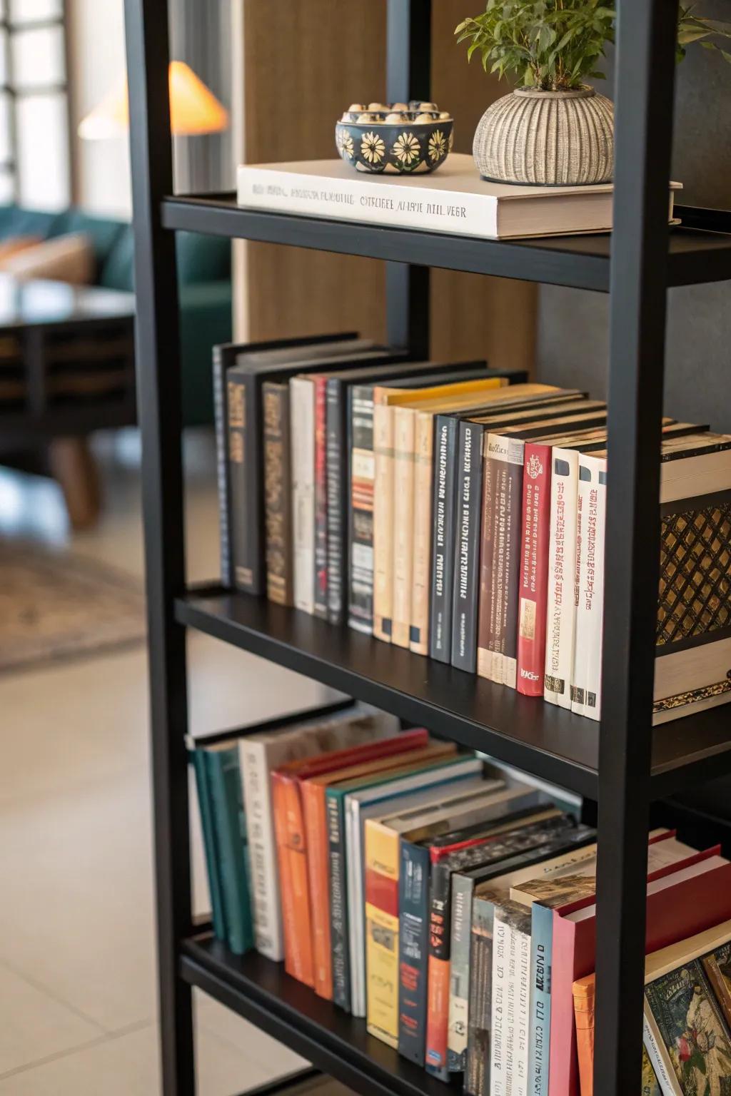 Creatively arranged books adding visual interest to a black shelf.