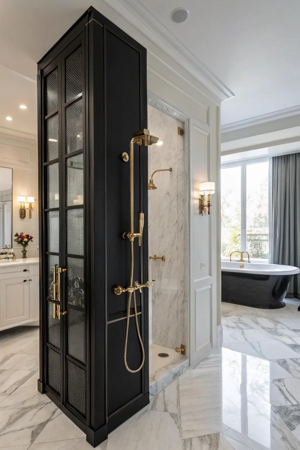 Metallic accents infuse a hint of luxury into dark showers.