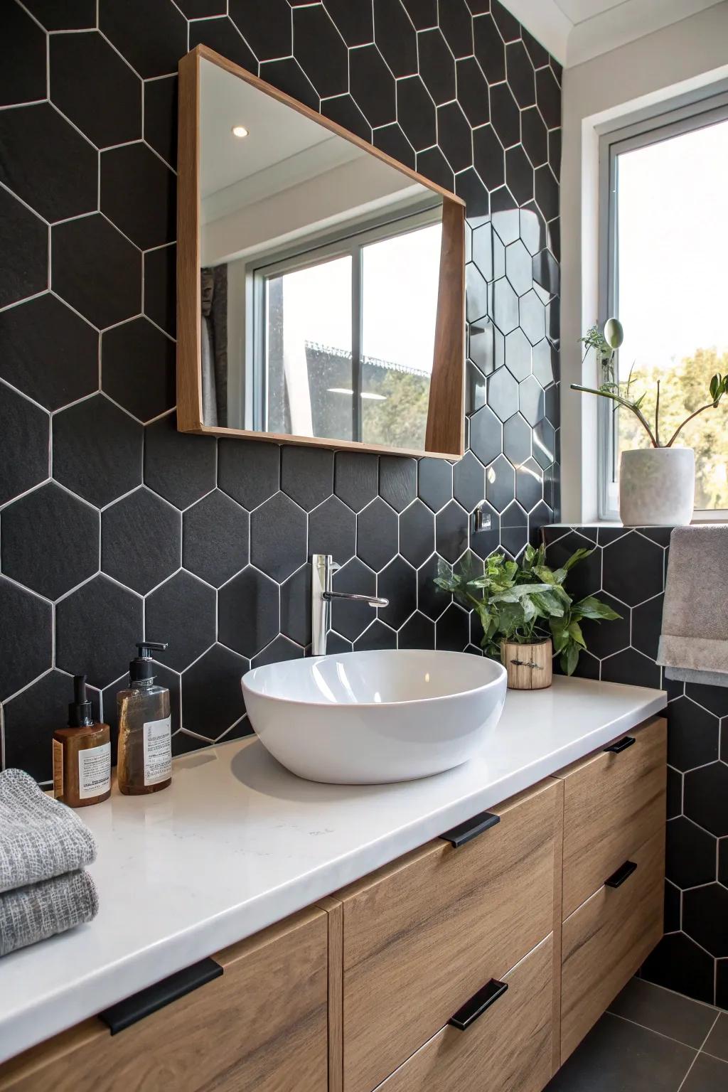 A striking dark angular backsplash adds a geometric touch to the bathroom.