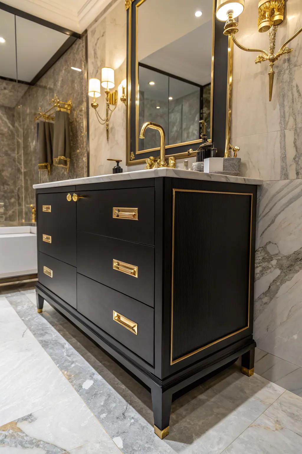 Golden details against a dark vanity bring a hint of glamour and sophistication.