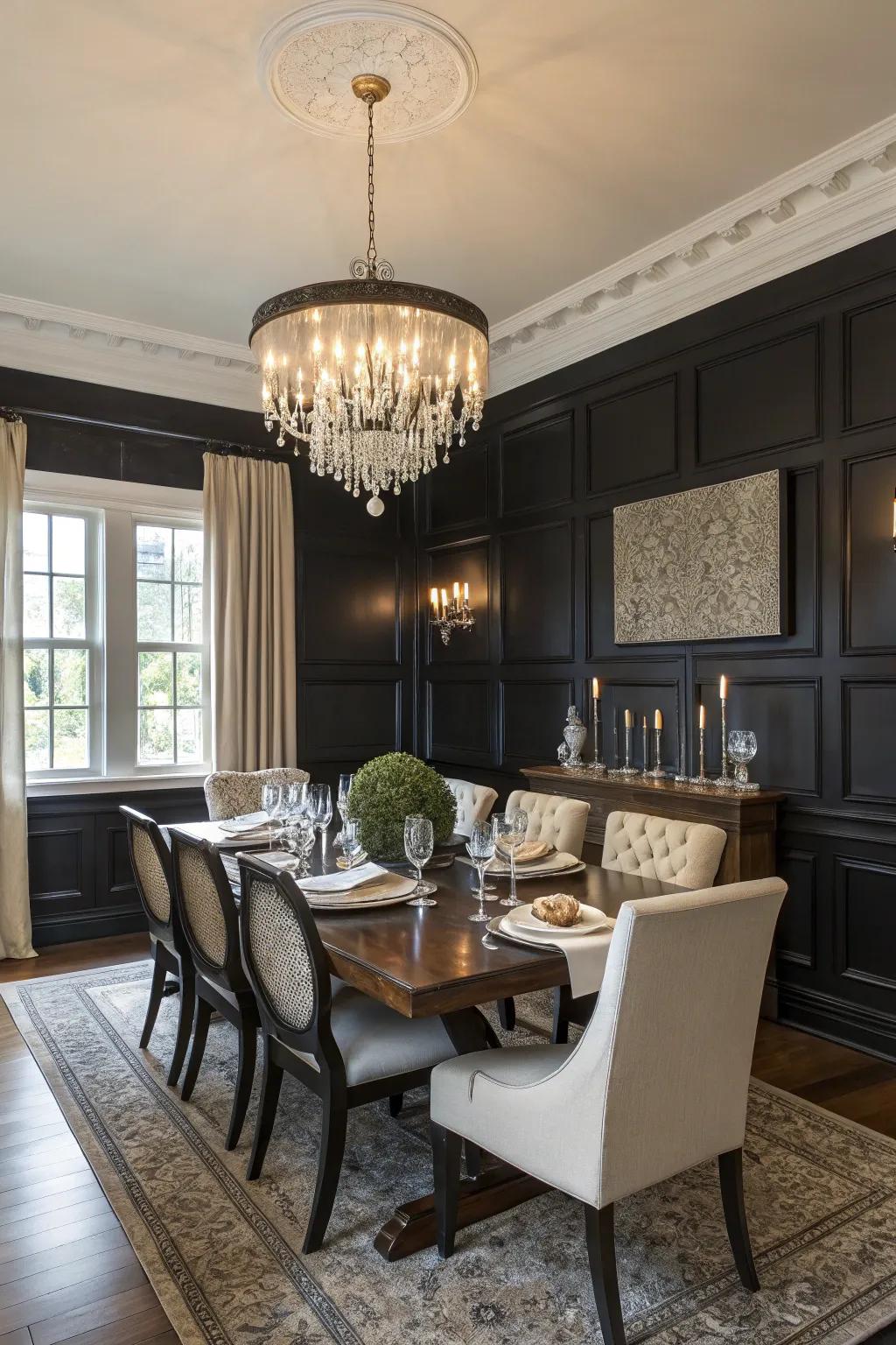 An elegant dining space featuring dramatic black wainscoting.