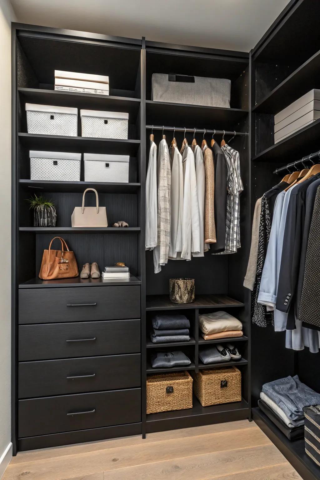 Ingenious storage options maintain a neat and stylish walk-in closet.