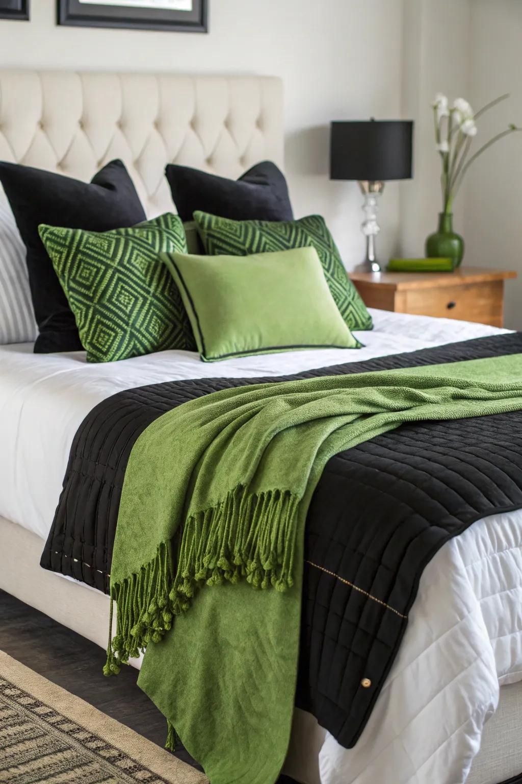 A bed arranged with monochrome and verdant beddings for a fresh aesthetic.