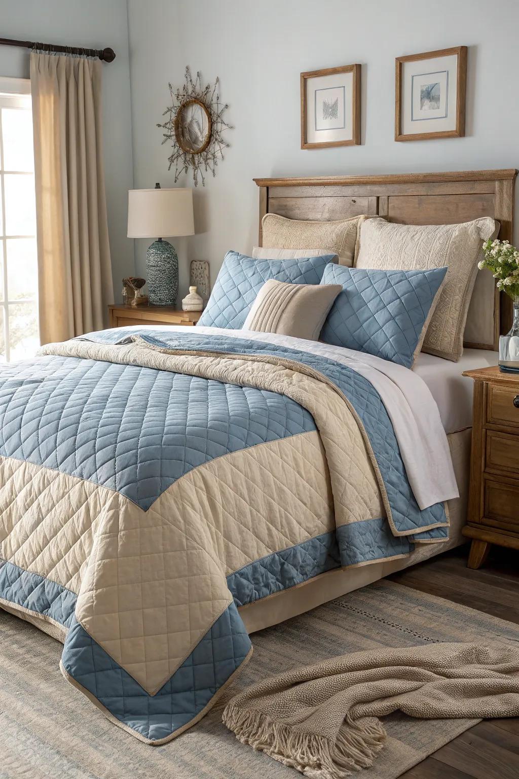 Comfort and dimension come from layering beige and blue blankets.