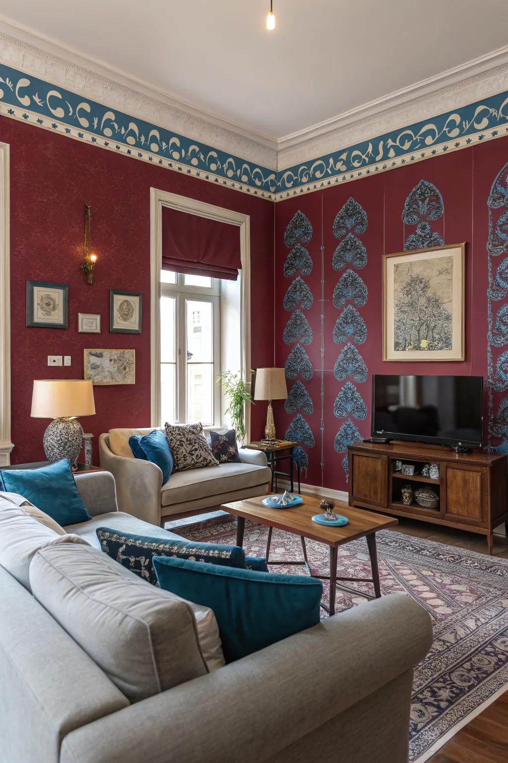 Wine colored walls with sapphire accents offer a lively twist on classic living area decor.