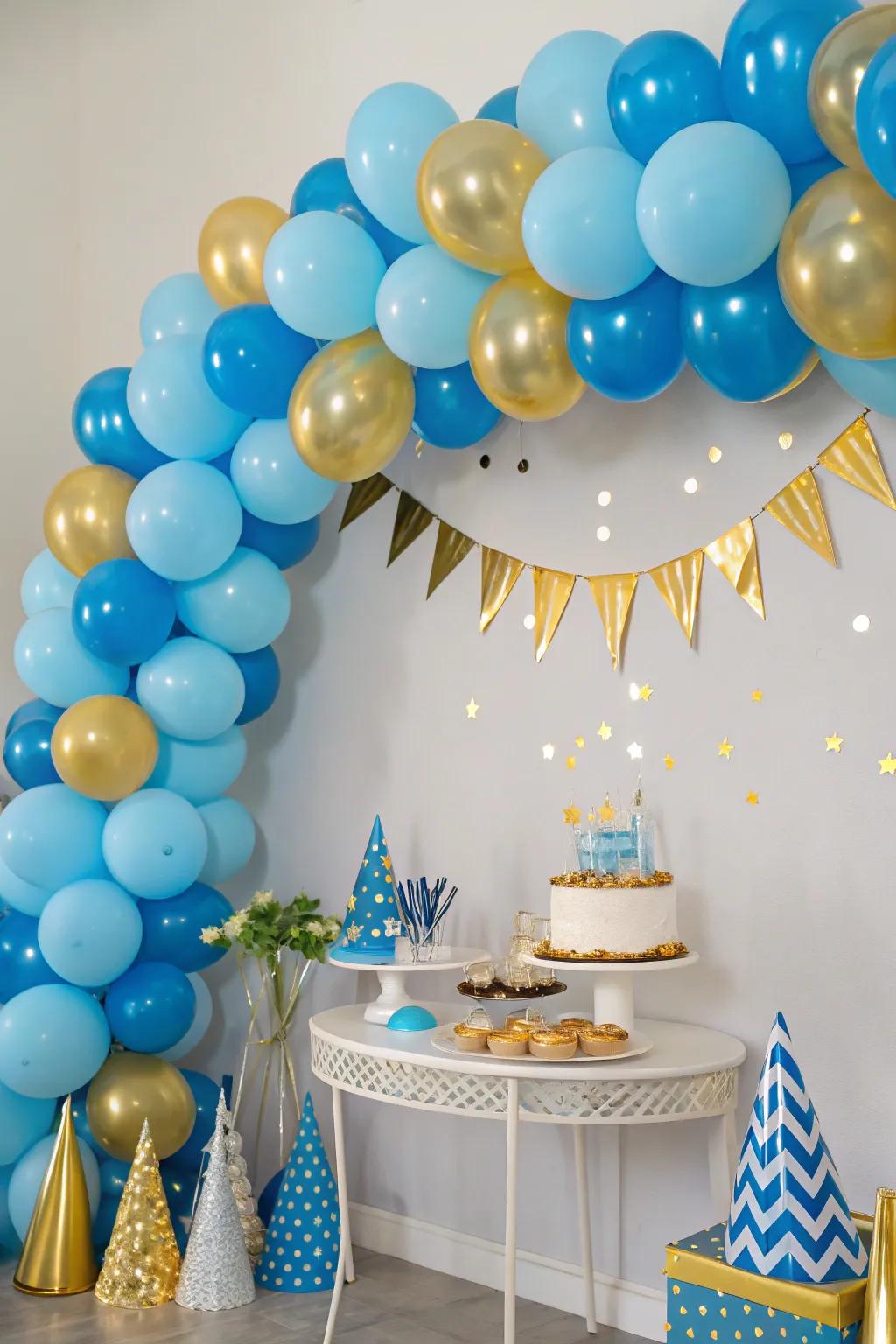 Use a blue and gold sphere backdrop to add fun and flair.