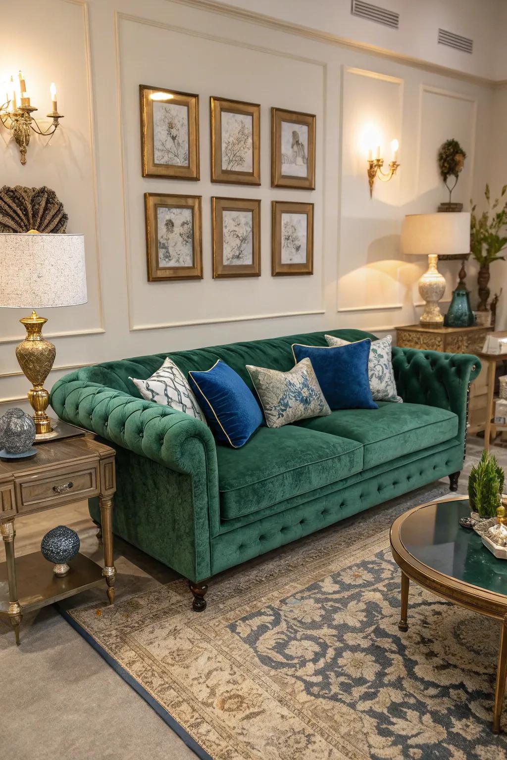 A verdant velvet couch introduces a hint of opulence and ease.