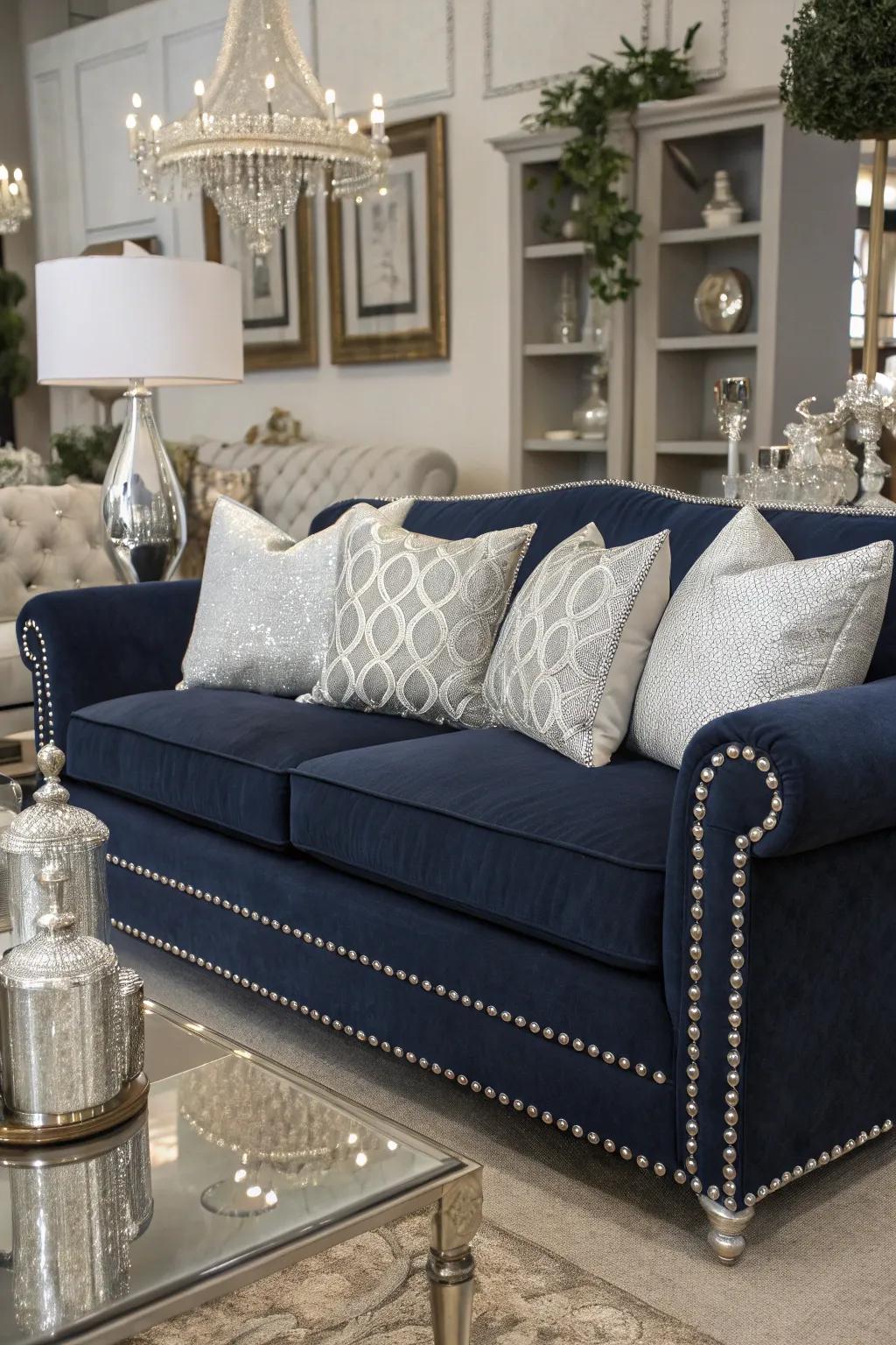 The classic combination of indigo and silver crafts an elegant living room ambiance.