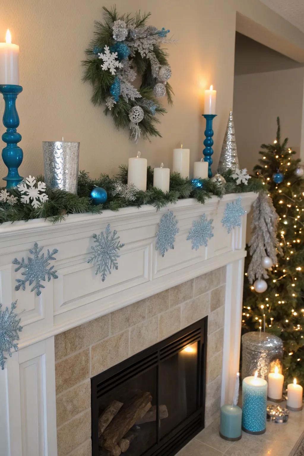 Construct an icy scene on your fireplace with azure and white ornamentation.